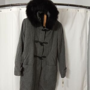 NWT Superfine Merino Wool Long Pea Coat Toggle Fox Fur Removable Hood Warm Chic